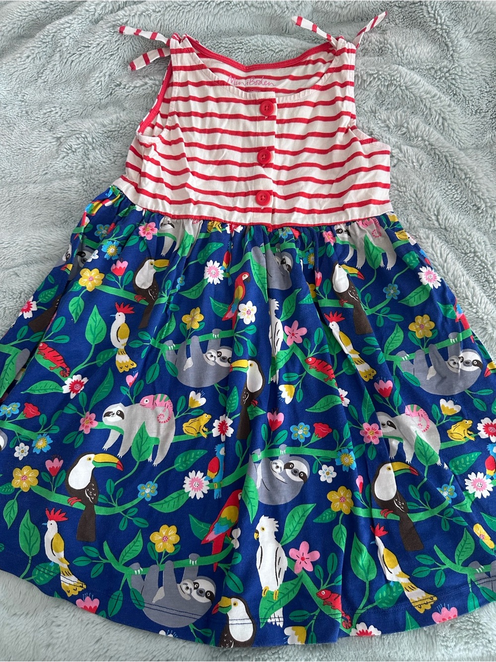 Mini Boden Blue Sloth and Tropical Animal & Red-White Stripe Tie-Shoulder Dress